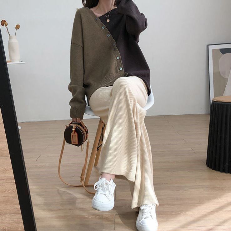 Women's Clothing Korean Style Asymmetrical Knit Sweater Women's Casual Soft Color-Block Pullover Oversized Round Neck Long Sleeve Acrylic Top_voghion.com