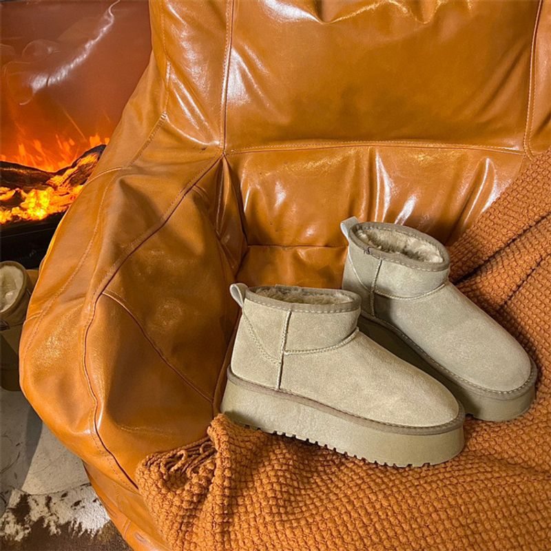 Botas de nieve para mujer con suela de cuero que aumentan la altura, estilo sencillo, tubo corto con forro polar grueso para mayor calidez, mismo estilo que_voghion.com