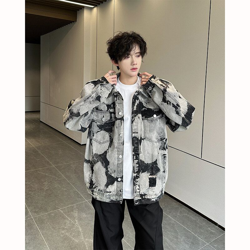 Herrenbekleidung Herren Distressed Tie-Dye Jeansjacke | Übergroßer Streetwear-Mantel | High-Street-Mode | Baumwollmischung | Schwarz | S-3XL_voghion.com