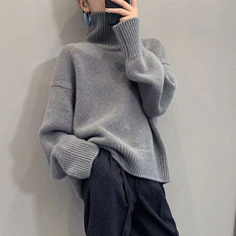 Pull col montant pour femme – Haut en tricot doux et ample, tunique décontractée de couleur unie pour un usage quotidien_voghion.com