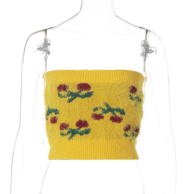 Ropa de mujer Top de tubo de punto con flores de felpa 2024 verano nuevo chaleco interior ajustado sexy para chica caliente_voghion.com