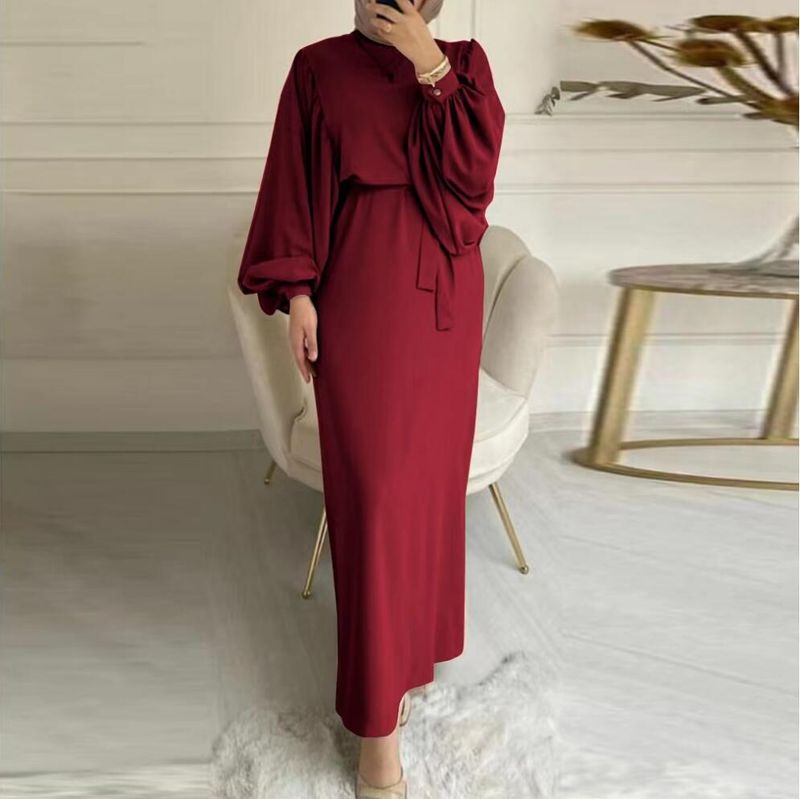 Damenbekleidung einfarbig langärmeliges lässiges muslimisches Kleid Robe Kleid würdevoll und elegant_voghion.com