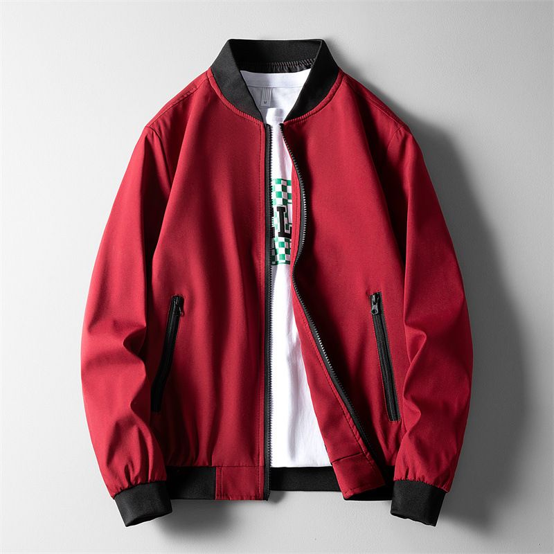 Men's Slim-Fit Baseball Jacket – Lightweight Polyester Zip-Up Jacket With Stand Collar (Black/Red/Khaki/Green, M-XXXXL)_voghion.com