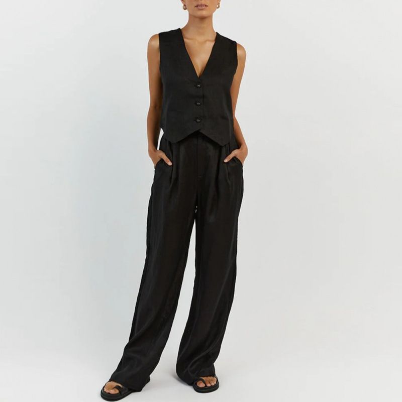 [Cotone e lino] Abbigliamento da donna, scollo a V, senza maniche, gilet, tinta unita, tutto abbinato, comodo pantalone da completo per il tempo libero quotidiano_voghion.com