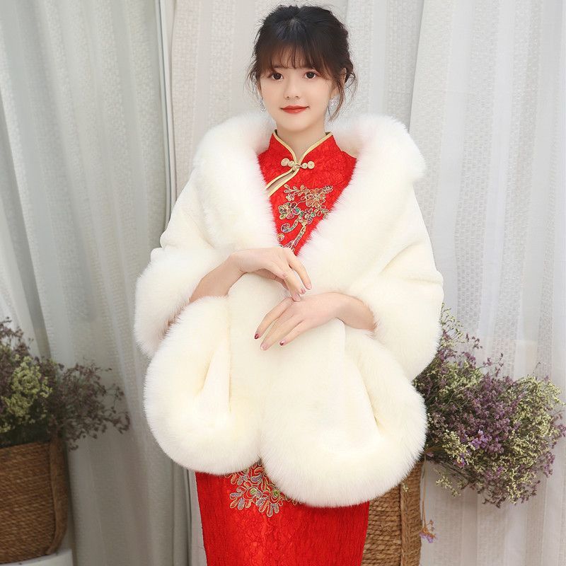 Dameskleding Bruid Vos Sjaal Trouwjurk Cheongsam Bont Cape Jas Wit Dames_voghion.com