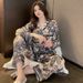 Jungle Secret Realm Spring Autumn New Ice Silk Pajamas Women's Ink Painting Long sleeved Pants High end Elegant_voghion.com