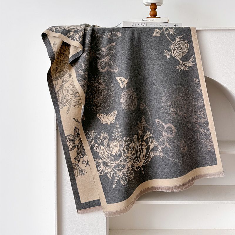 2024 autum/witer ew imitatio cashmere ladscape flower butterfly forest prit double-sided warm scarf shawl for_voghion.com