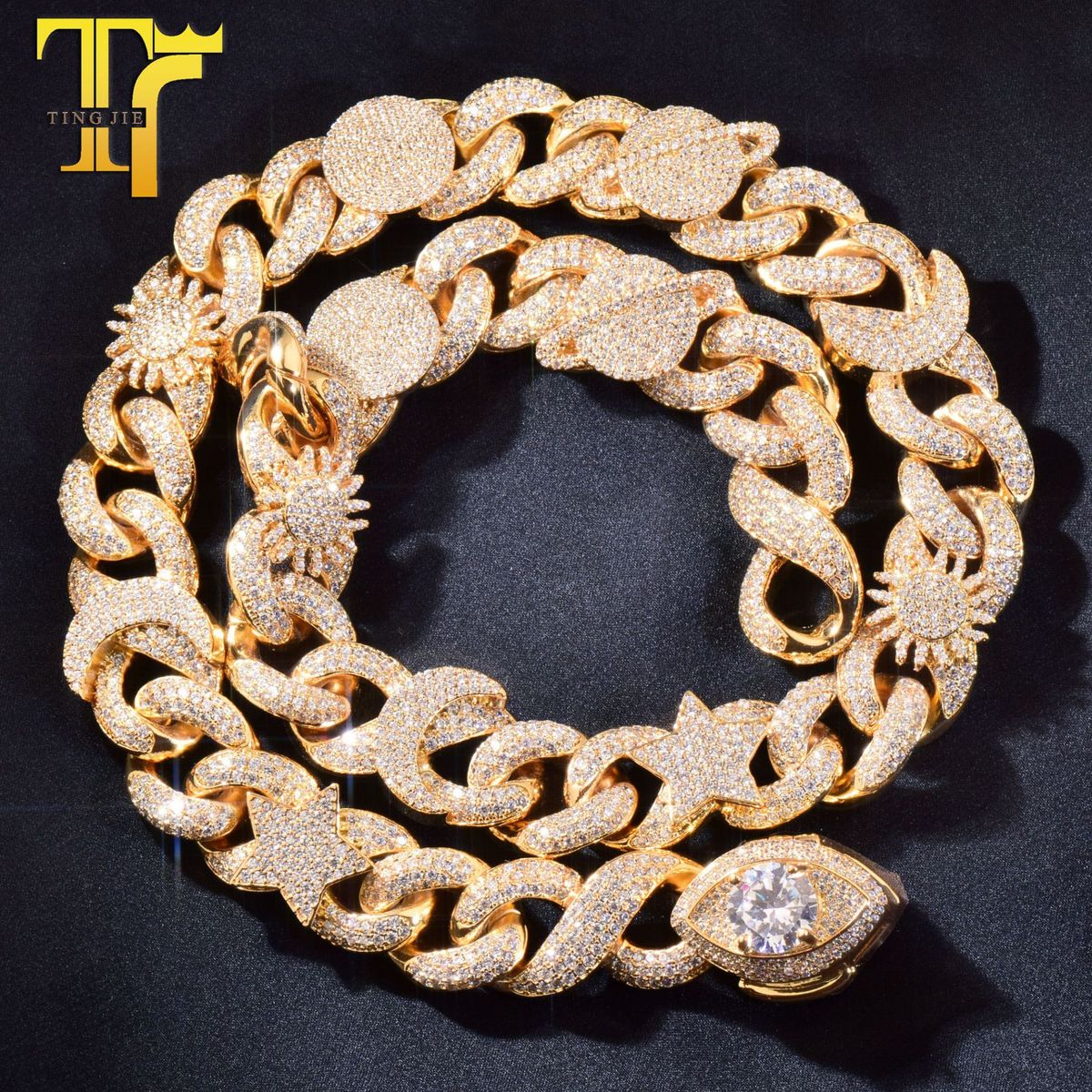 Collana cubana con fibbia a forma di occhio di luna e stella di Hip Hop, in rame intarsiato, zircone, catena esagerata per la clavicola._voghion.com