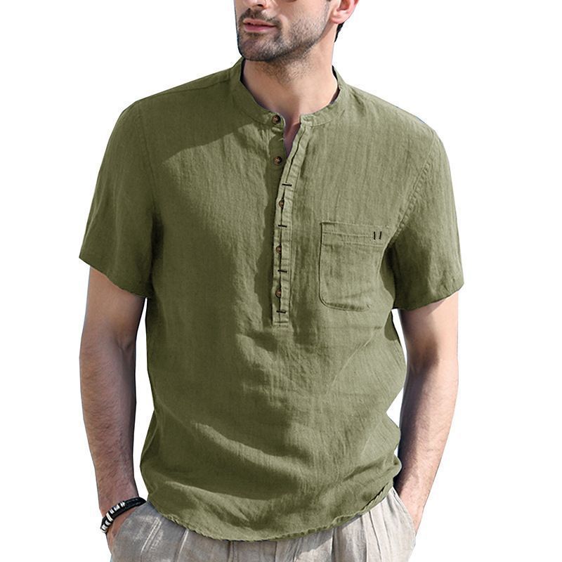 Camisa de lino y algodón para hombre, manga corta, color liso, cuello Henley 2025d, 2308_voghion.com