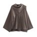 Elegant Asymmetrical Cape Knit Top – Women’s Long-Sleeve Scarf Neck Pullover, Loose Fit Boho Chic (Grey/Brown)_voghion.com