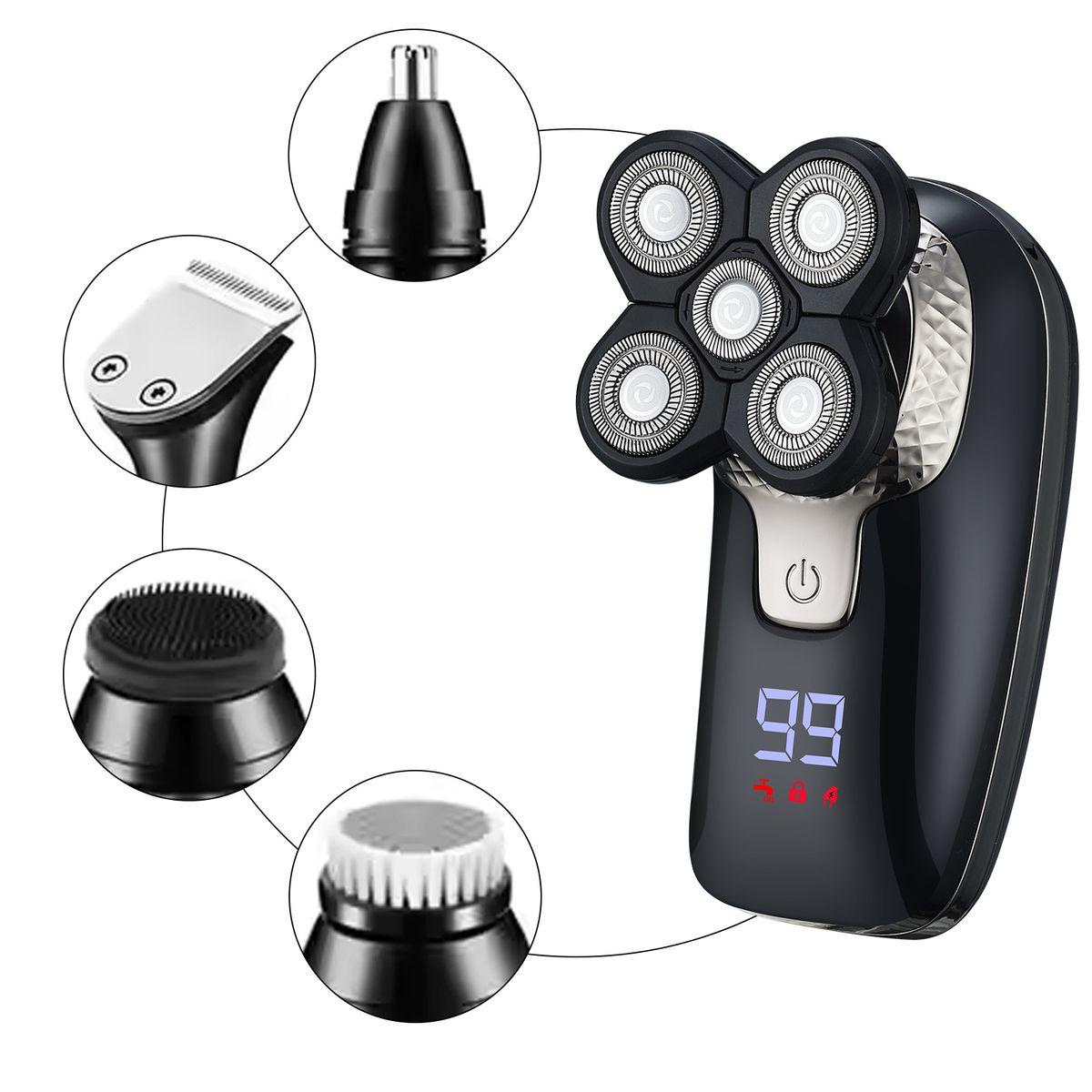 Professional Head Shaver – 7-Blade Electric Razor For Bald Heads, USB Rechargeable, Wet/Dry Use, LED Display (Black)_voghion.com
