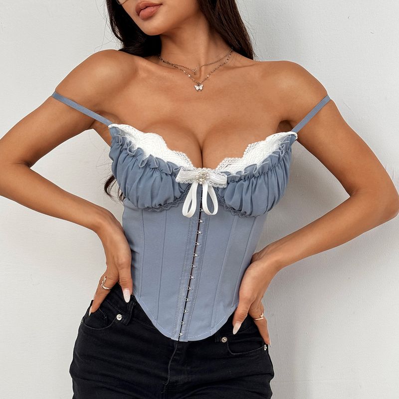 Vêtements pour femmes sexy transparents en maille épissée en dentelle poitrine coton fille chaude bretelles en arête de poisson haut de gamme intérieur_voghion.com