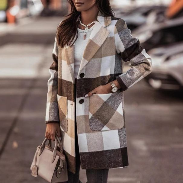 Women's Clothing Long Wool Blend Plaid Notched Lapel Single-Breasted Trench Coat, Streetwear Fashion Outerwear For Fall Winter, White & Black, S-XXXL_voghion.com