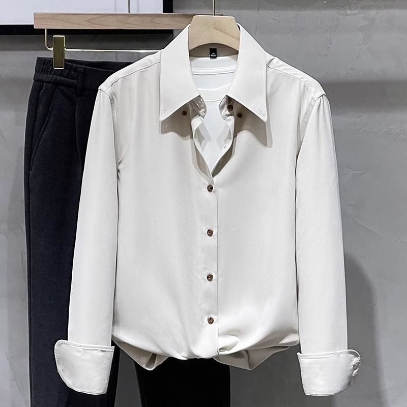 Herrenbekleidung Frühling und Herbst Leichtes Luxus-Wildleder-Drape-Langarmhemd Lässiges, vielseitiges Herrenhemd Modehemd mit großem spitzen Kragen_voghion.com