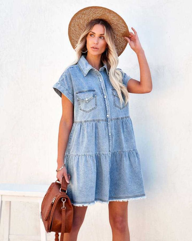 2023 European and American spring and summer new style commuter fashion loose denim shirt short sleeve dress_voghion.com