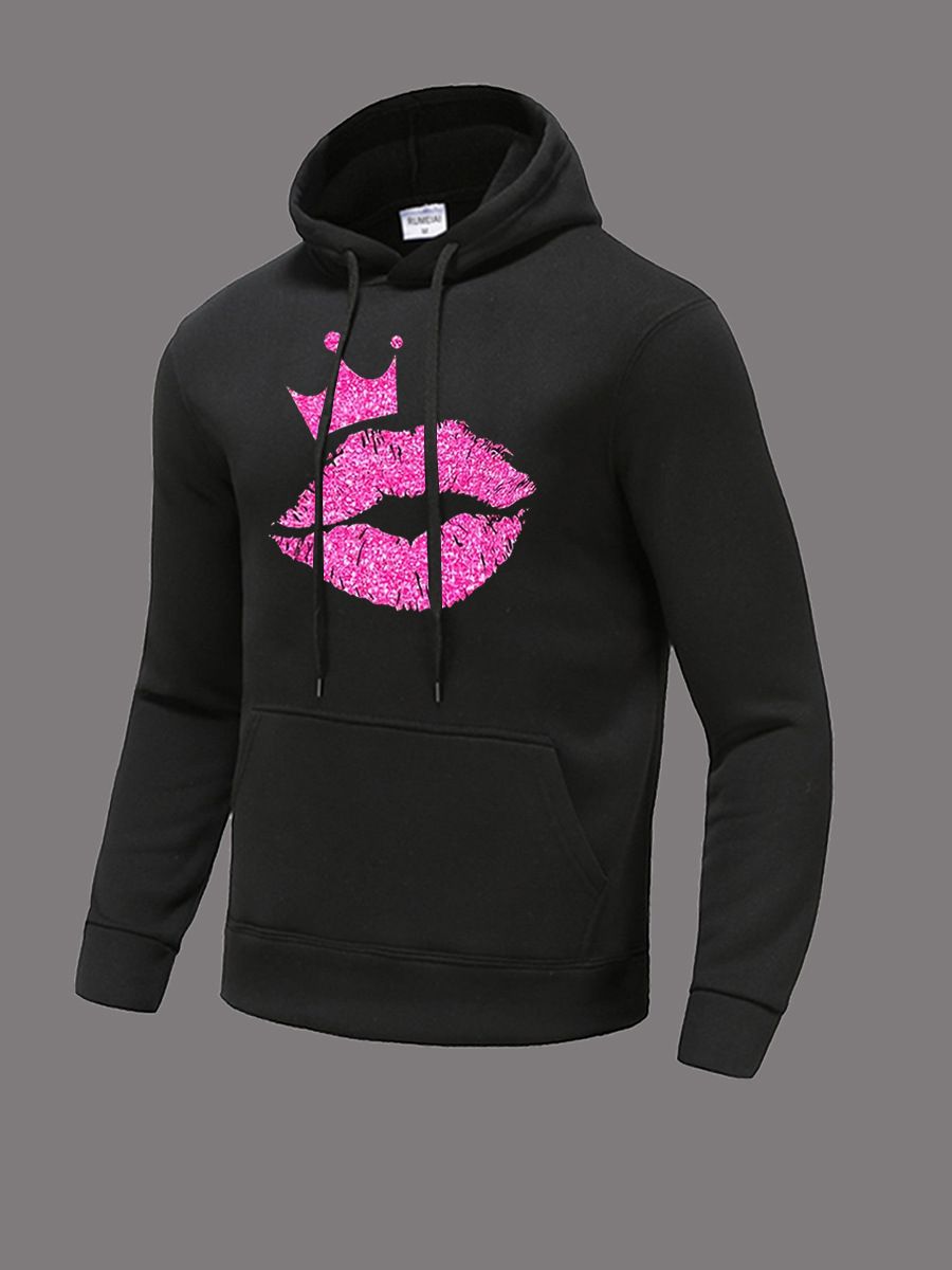Women's clothing Site Hooded Women's Sweatshirt Crown Mouth Letter Print Kangaroo Pocket Sweatshirt Spot Large Size_voghion.com