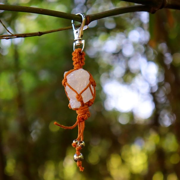 Natural Amethyst Tiger Eye Raw Stone Woven Pendant Keychain Irregular Net Bag Keychain Pendant_voghion.com