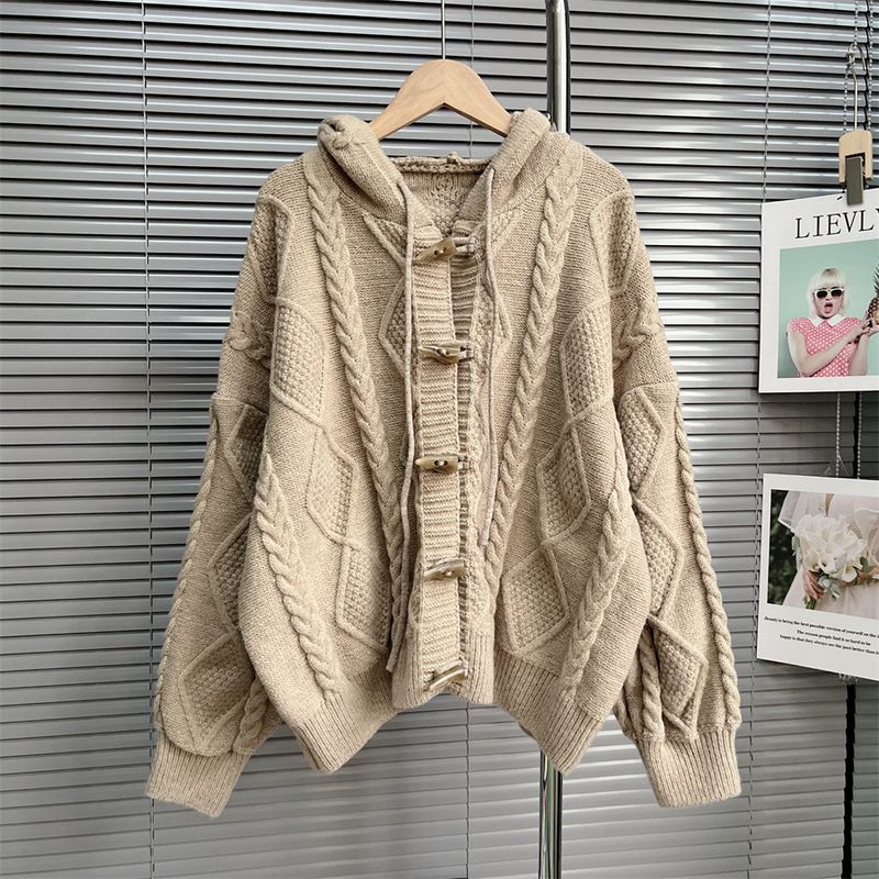 Women's Clothing Sweater jacket for women 2024 autumn and winter new design horn button twist lazy retro college style knitted cardigan_voghion.com