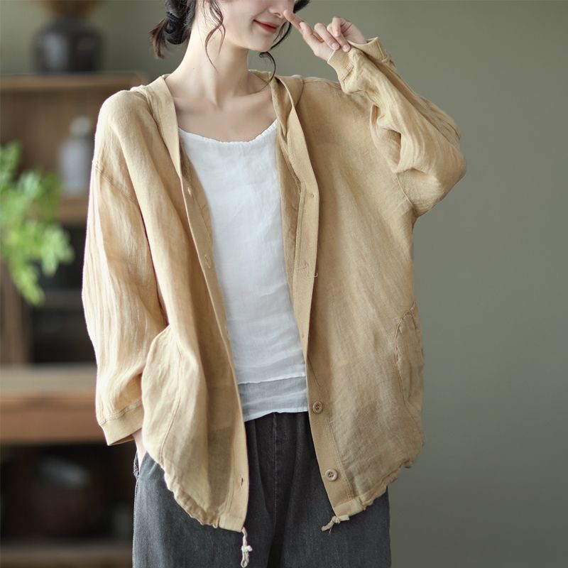 Jacke Frühling und Sommer Damenbekleidung Baumwolle und Leinen Kapuzenmantel Sonnenhemd Leinen Strickjacke Dünn Retro Koreanisch Herbst_voghion.com