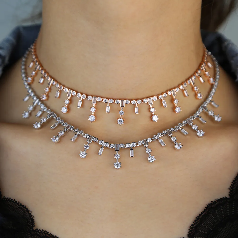 Nowy damski krótki naszyjnik choker pełen diamentów cyrkon srebrny różowo-złoty naszyjnik biżuteria_voghion.com