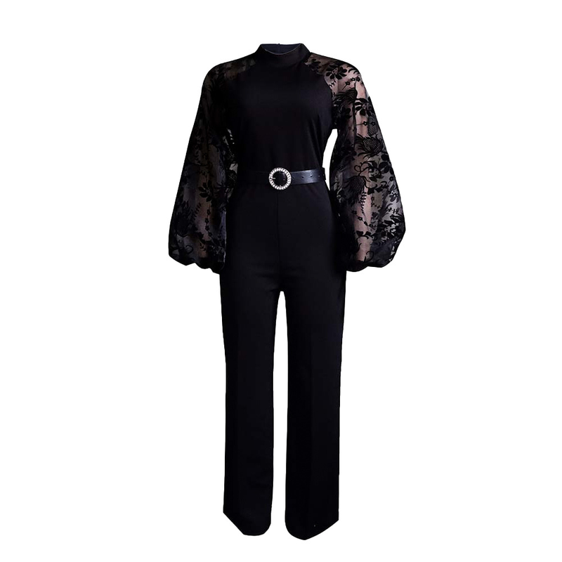 Tute da donna con cintura libera, colletto alto, maniche a lanterna, taglie forti, a gamba larga, africane_voghion.com