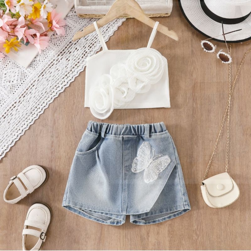Jenter 2025 Sommer Hot Sale Ny Tredimensjonal Blomsterstrømpeholder T-skjorte Sommerfugl Denim Shorts Dress For Små Og Mellomstore Barn_voghion.com