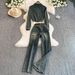Damenbekleidung Retro Hottie Denim Tops Herbst und Winter Neue hohe Taille Slim All Match Casual Schlaghose Zweiteiliges Set_voghion.com