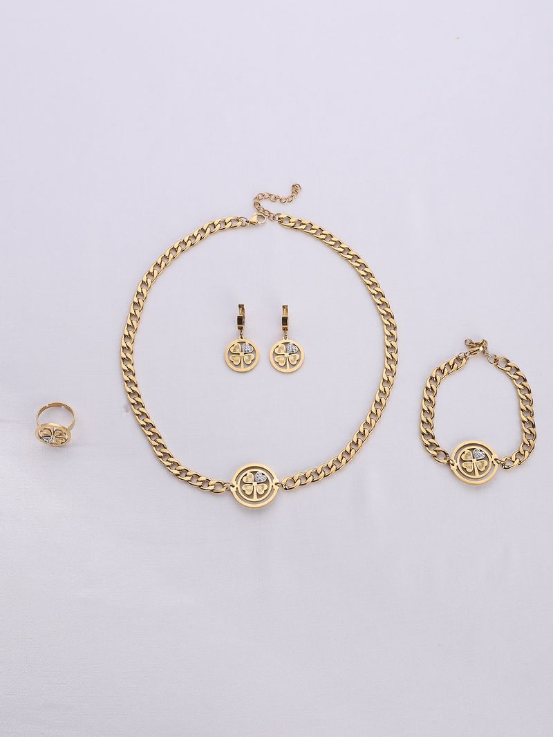 Colar de trevo de quatro folhas com corrente grossa de hip hop, conjunto criativo de pulseira e brincos de aço de titânio para mulheres_voghion.com