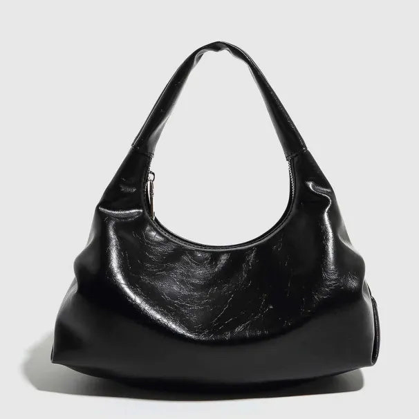 High-end Wrinkled Black Soft Leather Handbag Cloud Dumpling Underarm Shoulder Handheld Women's Bag_voghion.com