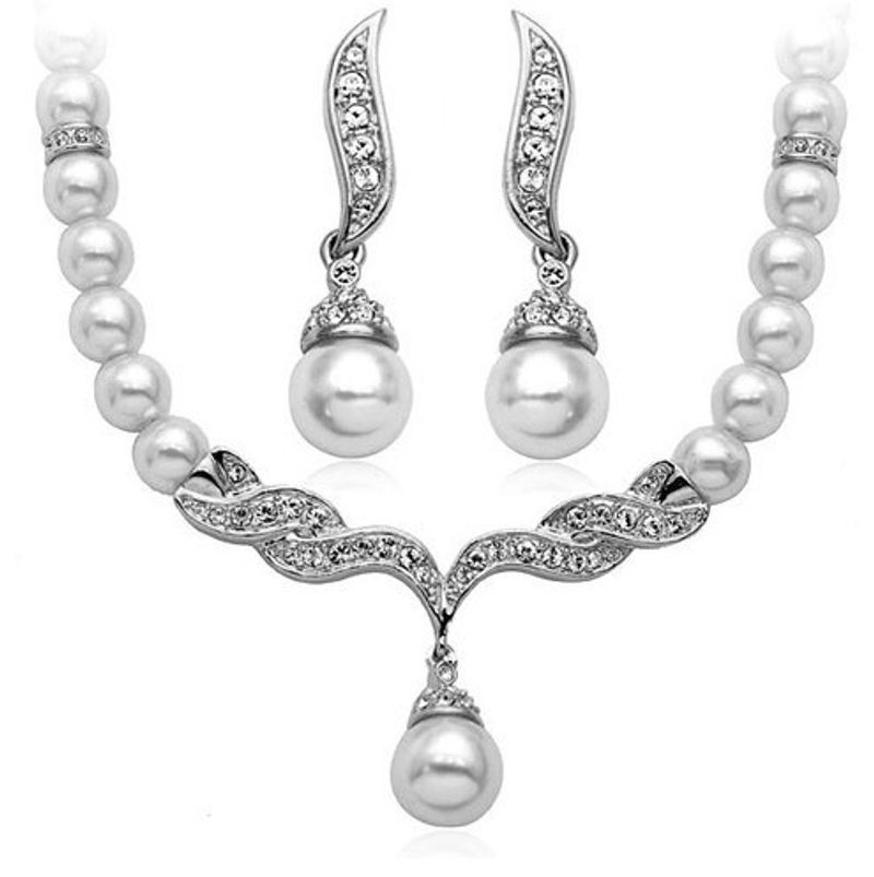 Korean version of popular crystal diamond pearl bridal necklace and earrings set bridesmaid evening dress two-piece wholesale_voghion.com