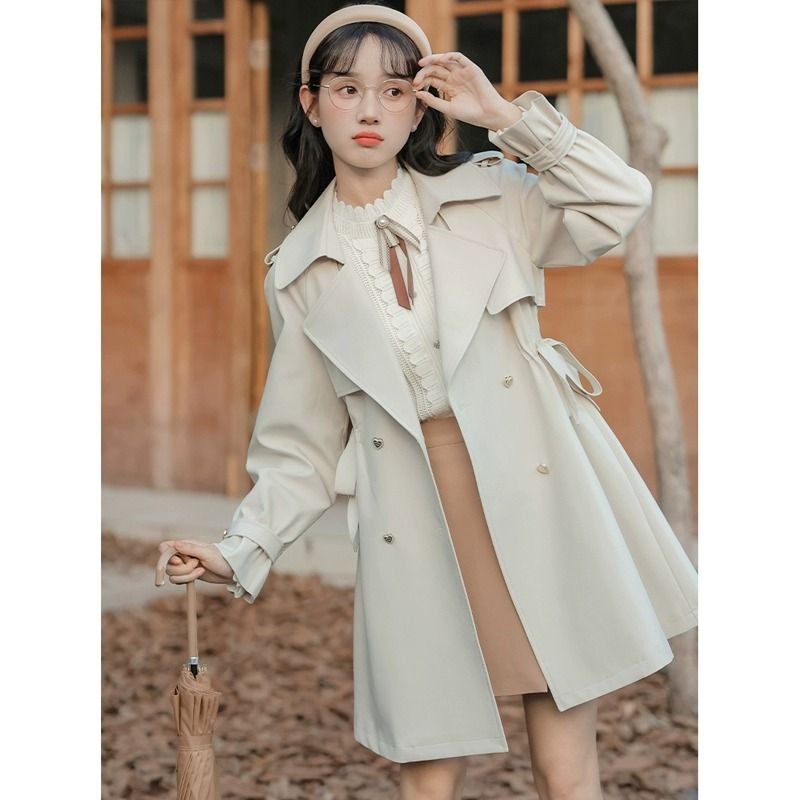Petite French Style Pendler Trenchcoat Damenmode 2025 Frühling Taillenbetonter Anzugkragen Dünner Mantel für Frauen_voghion.com