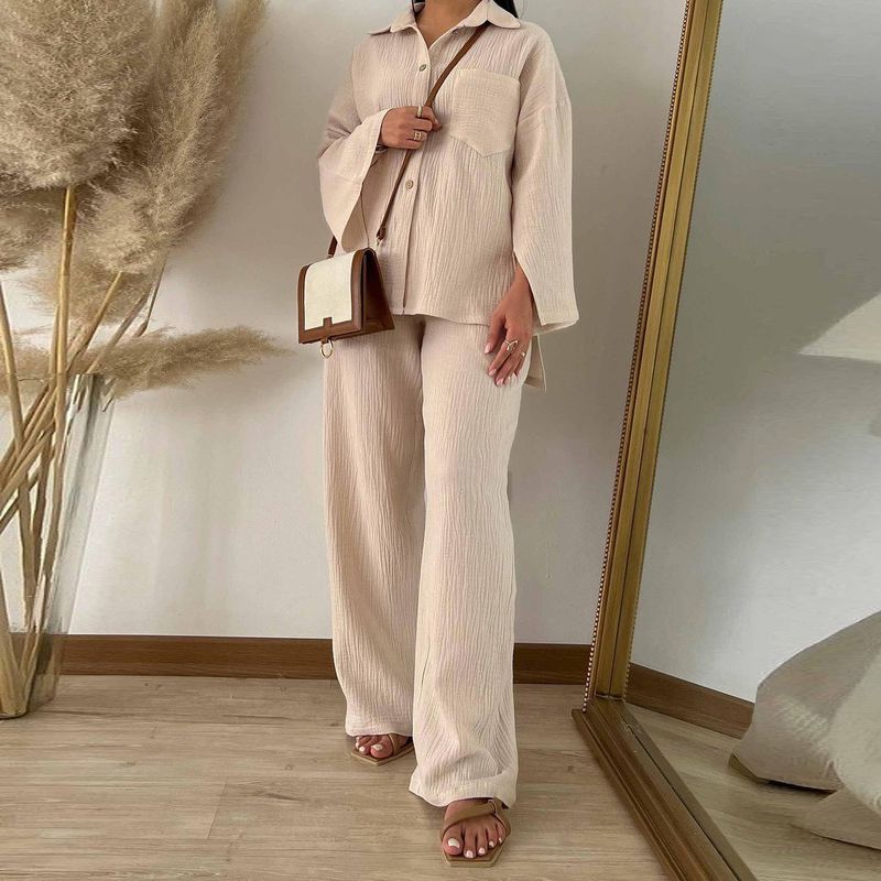 Ropa de mujer de talla grande, moda de otoño, camisa arrugada de manga larga, traje de pantalón ancho y cintura alta_voghion.com