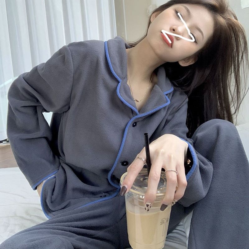 Simple And Comfortable Pajamas Women's Autumn And Winter Long-sleeved Lapel Gray Simple Thickened Loungewear Set_voghion.com