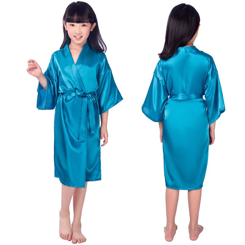 Women's clothing Children's twisted satin silk nightgown bathrobe medium and large children's long plain glossy summer thin cardigan robe_voghion.com