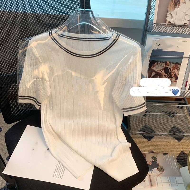 Maglietta a maniche corte con scollo rotondo e piccolo fresco e cavo da donna, maglietta da donna estiva, maglione lavorato a maglia in seta ghiacciata sottile_voghion.com