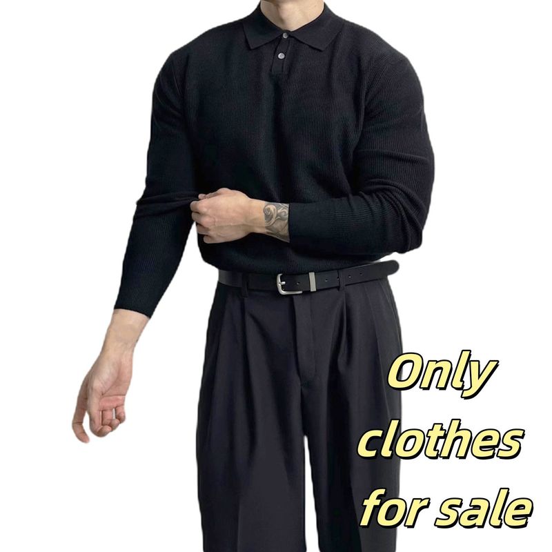 Europese grote gebreide trui met lange mouwen, heren revers zakelijk T-shirt voor herfst en winter_voghion.com