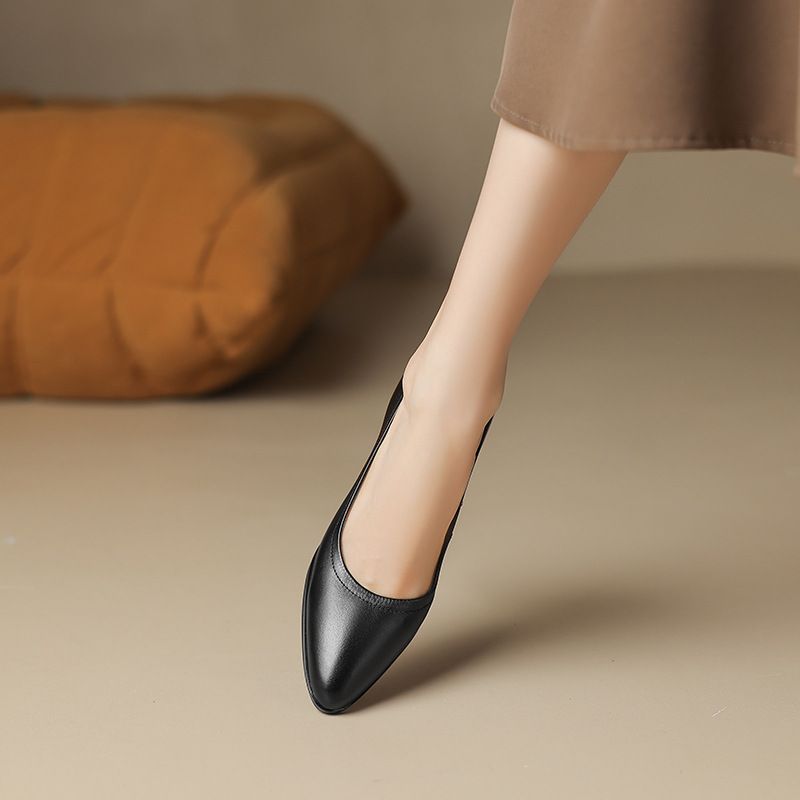 Soft Leather Pointed Toe Low Block Heel Slip-On Loafers For Women - Comfortable Casual & Office Shoes With Elastic Gusset_voghion.com