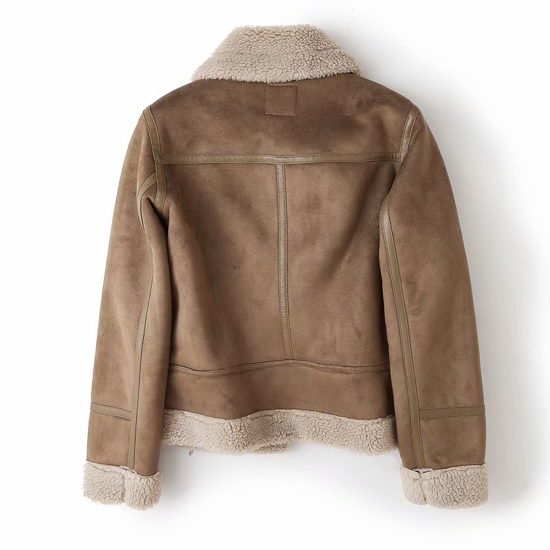 Women's Large Lapel Thick Motorcycle Suede Black Coffee Fur All-in-one Coat_voghion.com