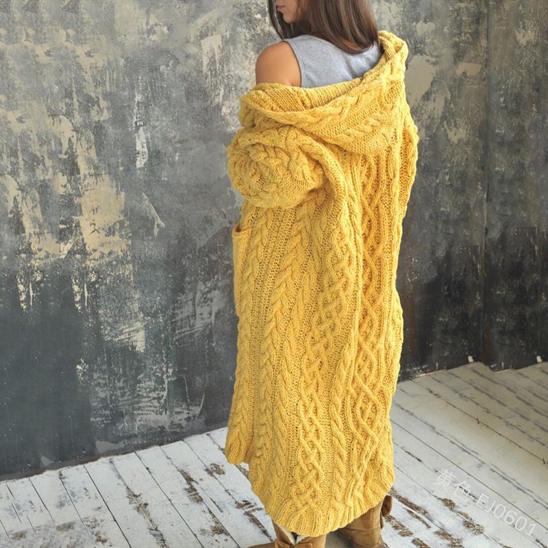 Maglia cardigan lunga da donna con cappuccio e trecce_voghion.com