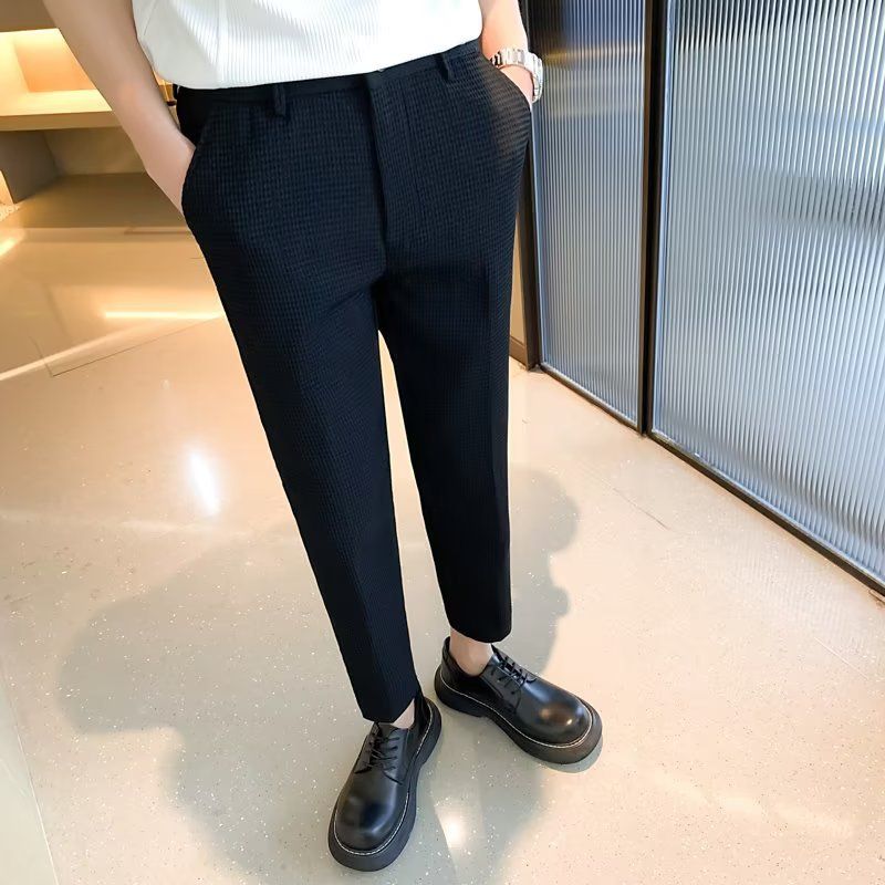 Men's Clothing Waffle men's suit trousers summer new style handsome retro plaid slim fit high end slim fit suit nine point trousers_voghion.com