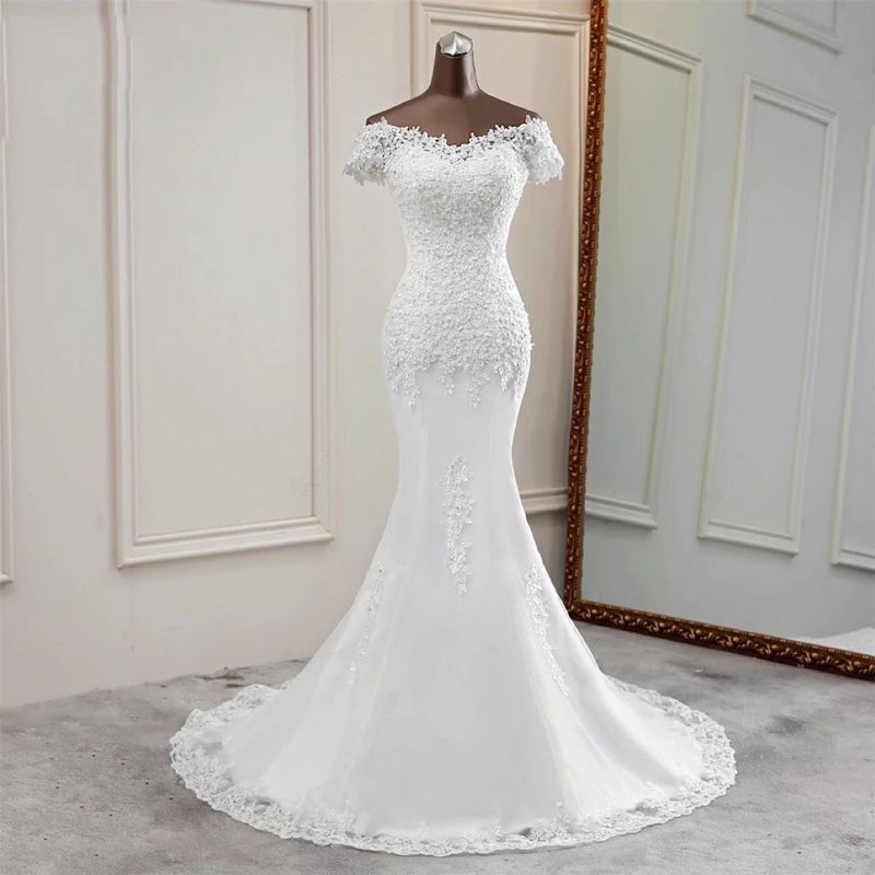 Women's dress line shoulder length dream bride slimming big train wedding dress_voghion.com