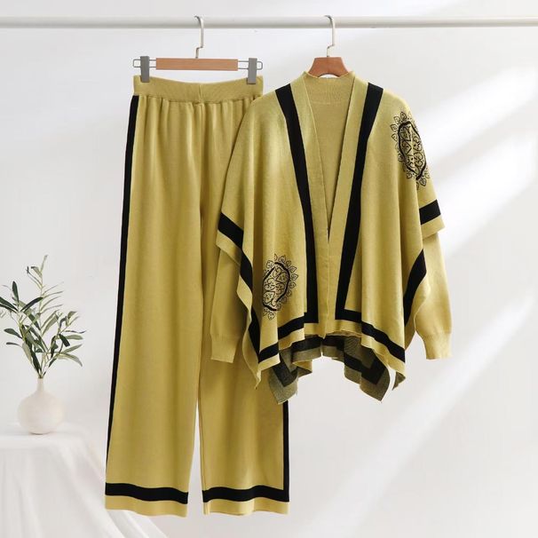 Dreiteiliges Damen-Set aus Modal-Strick – Oversized-Cape-Top & Weite Hose (Einheitsgröße, Geometrischer Print, Minimalistischer Chic)_voghion.com