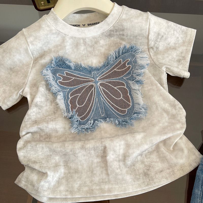 Üç Boyutlu Fiyonk Kız Kısa Kollu Tişört Takım Elbise Yeni Rahat Yaz Çocuk Kot Şort İki Parça Takım Elbise_voghion.com