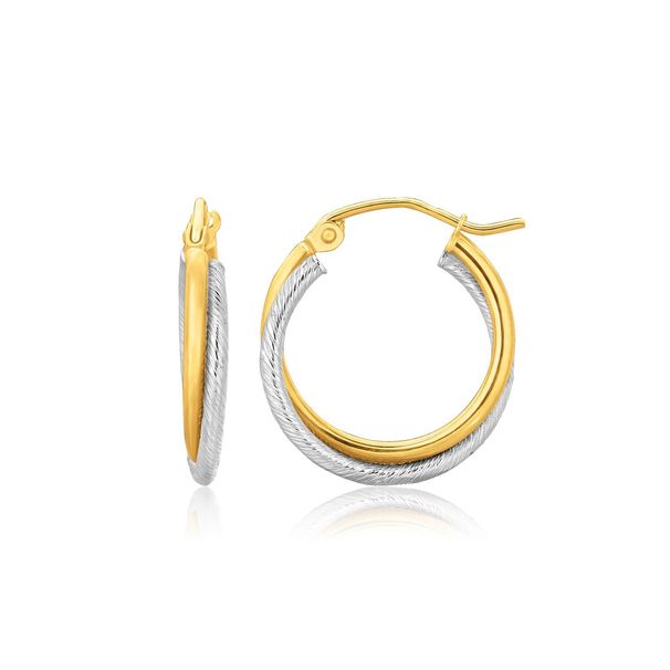 14k Two Tone Gold Double Polished and Textured Hoop Earrings_voghion.com