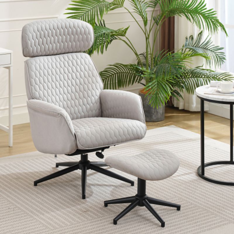 Grauer Verstellbarer Relaxsessel Mit Fußhocker, 107cm Höhe, 50cm Sitzbreite, 51cm Sitztiefe, 95-125° Neigungswinkel, Kopfstütze Höhenverstellbar,Loungesessel,Bürostuhl,360-Grad-Drehung_voghion.com