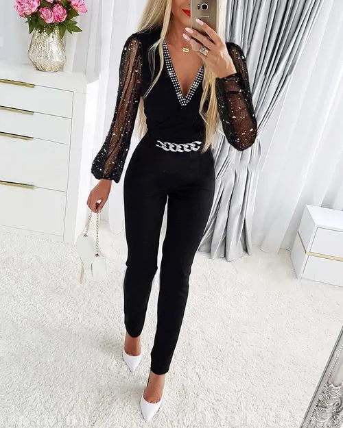 V-ringad mesh jumpsuit för kvinnor på sommaren,_voghion.com