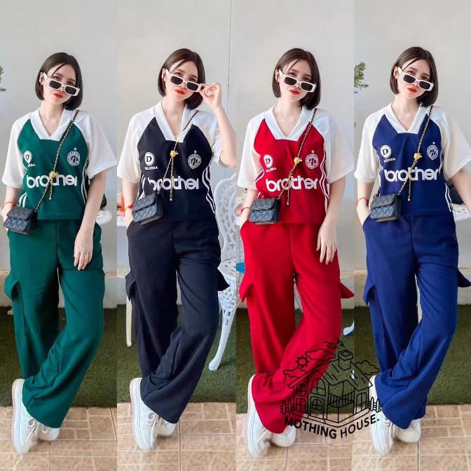 Lässiges Sommeranzug-Set für Damen – Oberteil mit Polokragen und Hose mit weitem Bein, zweiteiliges Outfit in Kontrastfarbe_voghion.com