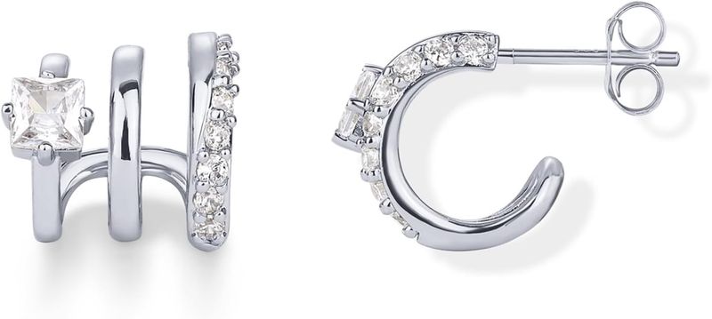 Orecchini a triplo cerchio in argento sterling placcato oro 14 carati con zirconi cubici per donna | Orecchini a triplo cerchio con perno_voghion.com