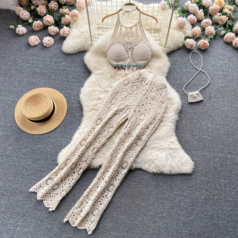 Dameskleding Reisfotografie vakantie puur verlangen sexy haltertop met jarretels dames zomerpak hoge taille holle broek tweedelig set_voghion.com