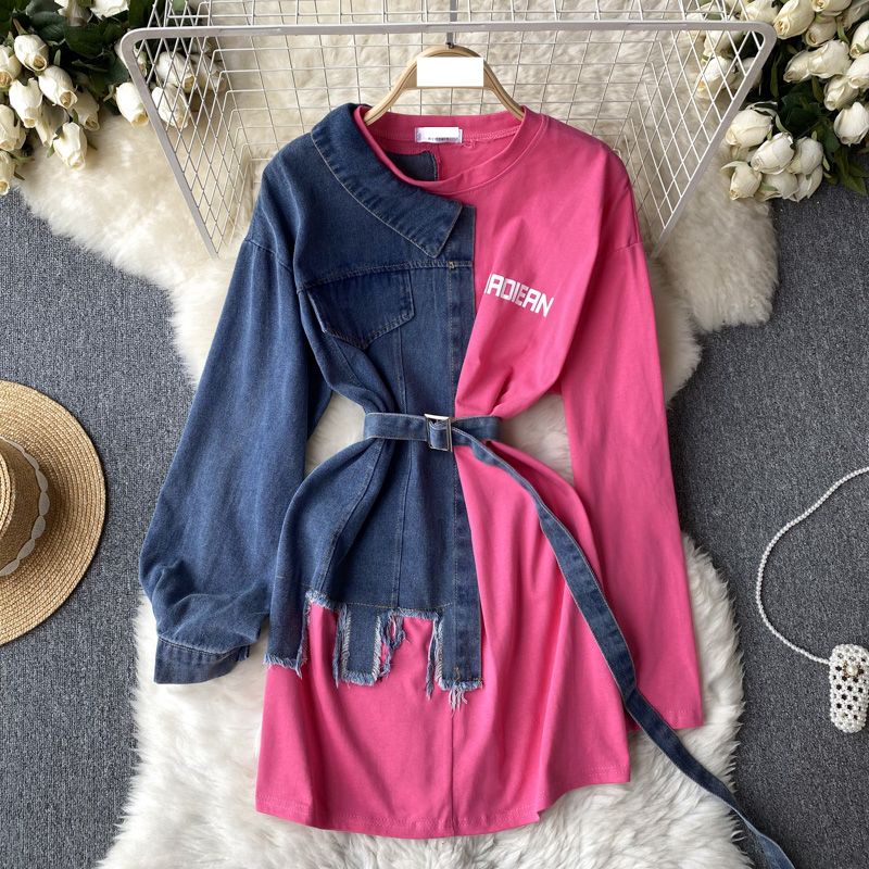 Women's Clothing Denim shirt patchwork dress long sleeves asymmetrical design niche waist slimming hip skirt_voghion.com